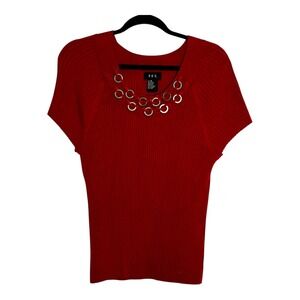 R.Q.T. Red Orange Ribbed Knit Grommet Detail ShortSleeve Top XL Y2K Edgy Sweater